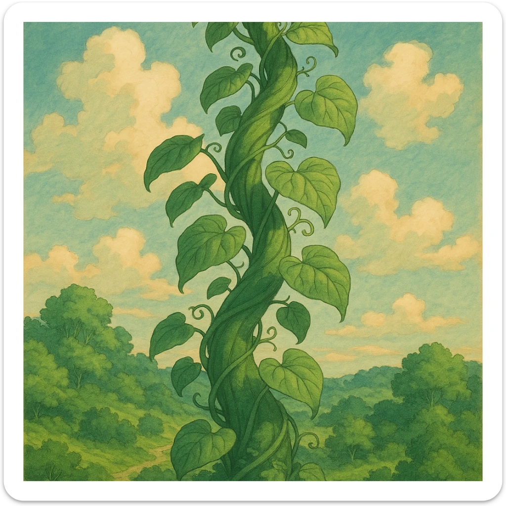 storybook illustration of a lush green beanstalk stalk winding upward sticker