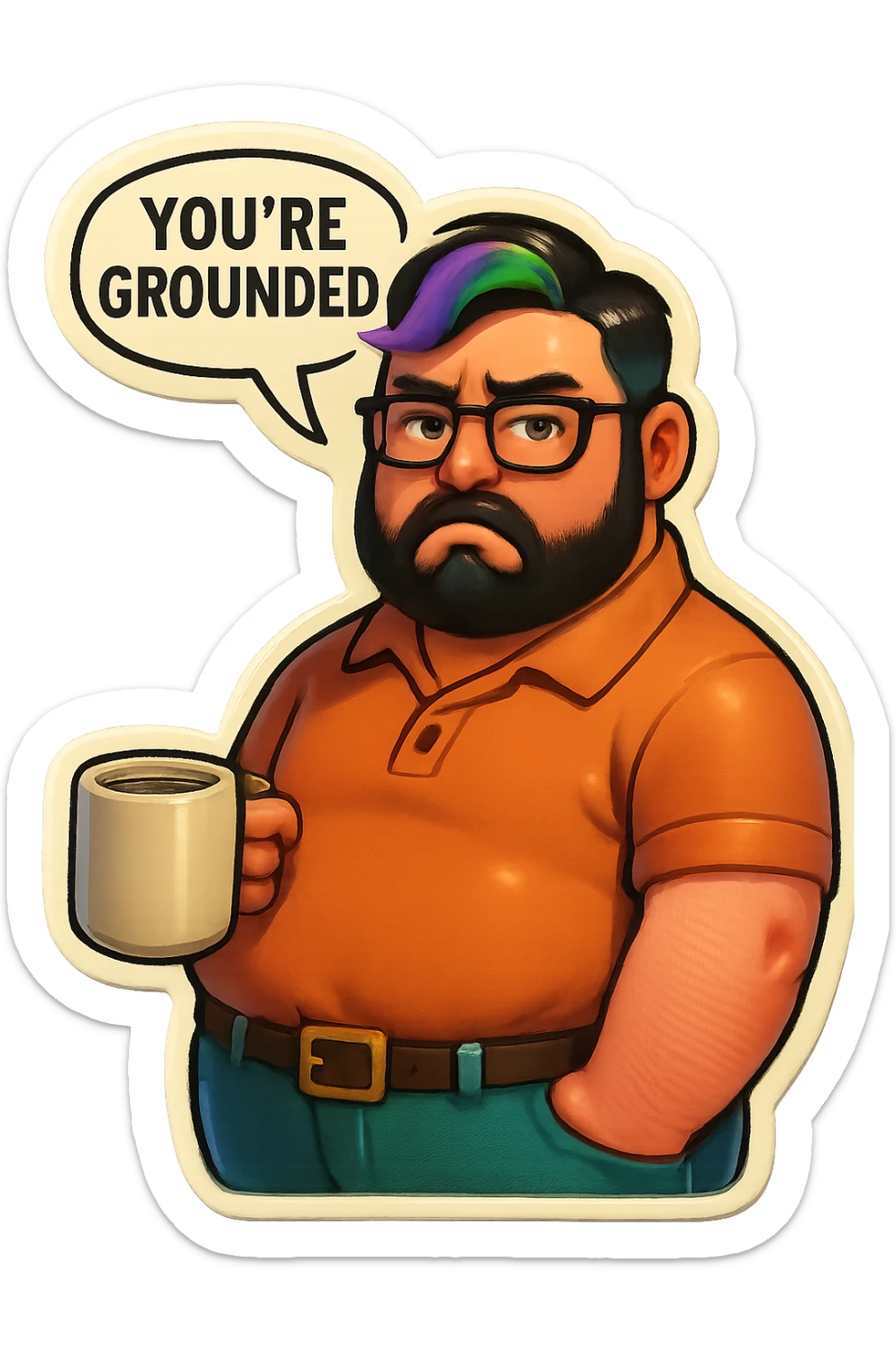 A realism art illustration art style of handsome plus-size man with black hair and a purple to green ombre streak, black beard, blue eye, glasses, dressed like a dad, holding a coffee mug, You’re grounded speech bubble, frowning  sticker