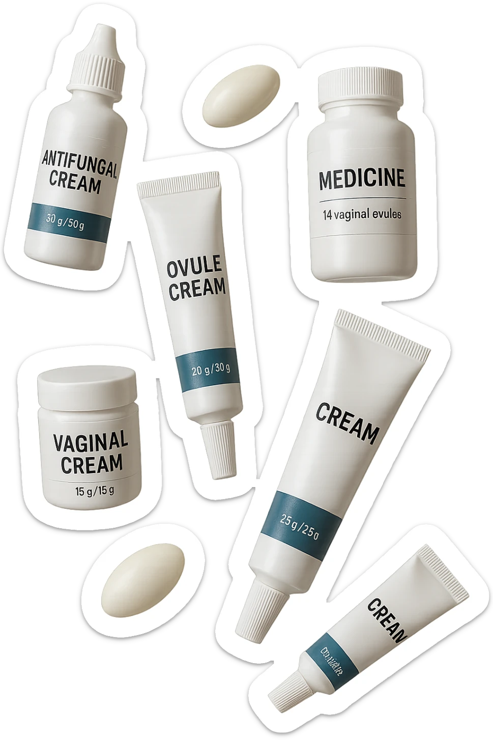 boccette di farmaci fluttuano in aria: creme, ovuli o antimicotici, IPERREALISTICO 4K sticker