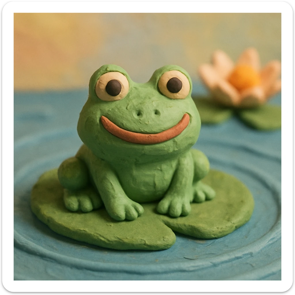 close-up of a smiling frog on a lily pad, gentle ripples in the pond, pastel background, claymation style sticker