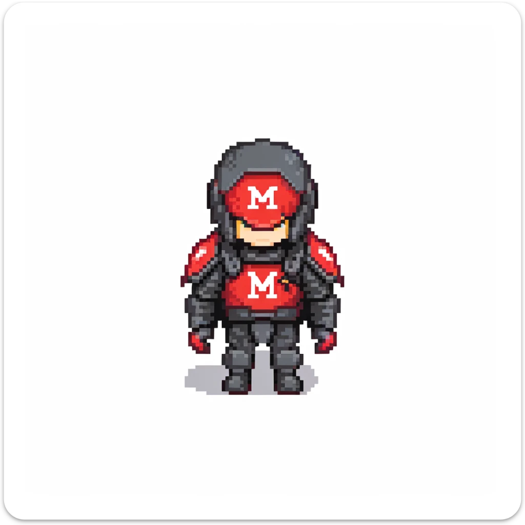 military person in black and red armor, wearing a black flag on back with red letter M in center sticker