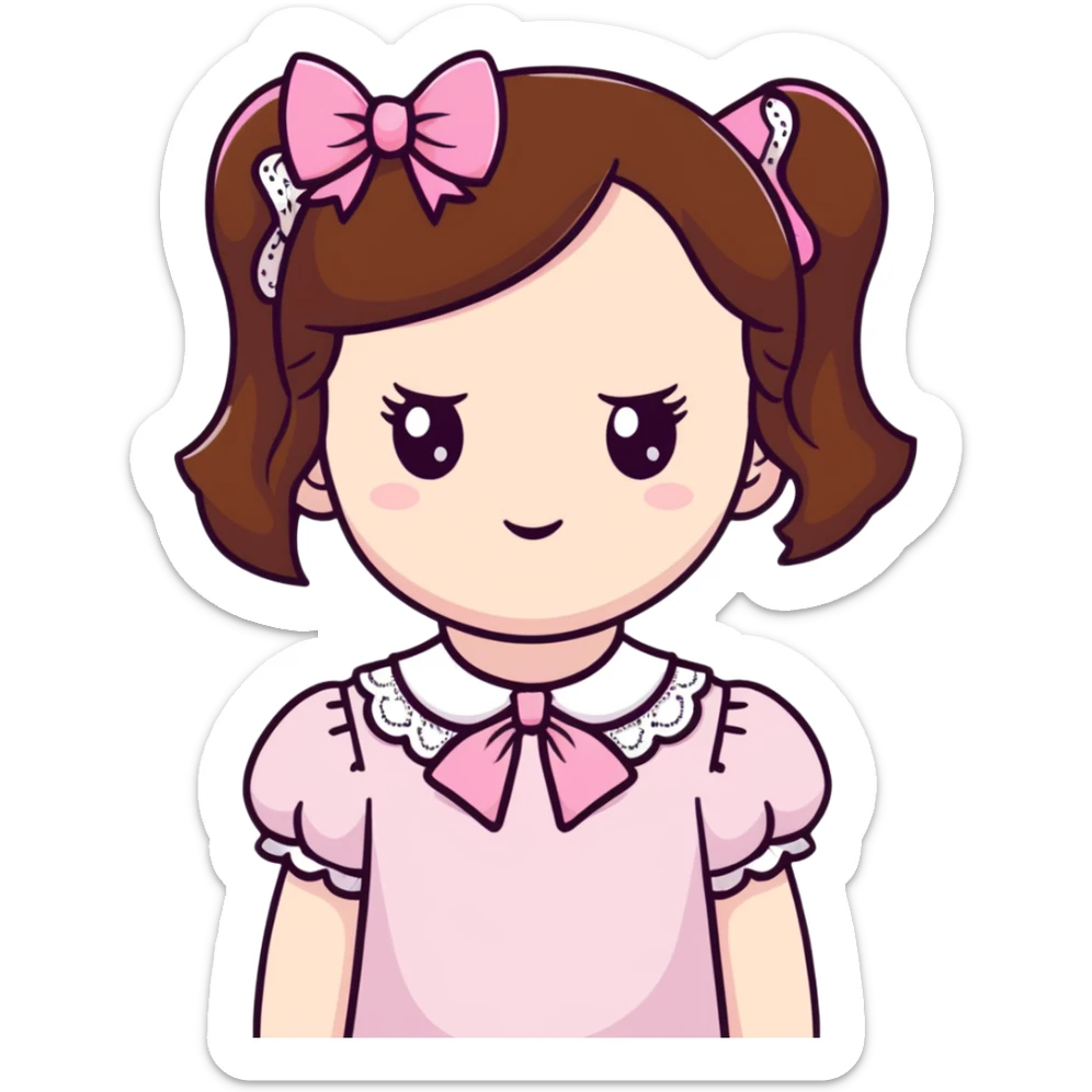 pale skin coquette girl with brown hair, pink bows, lace, pearls, dainty sticker