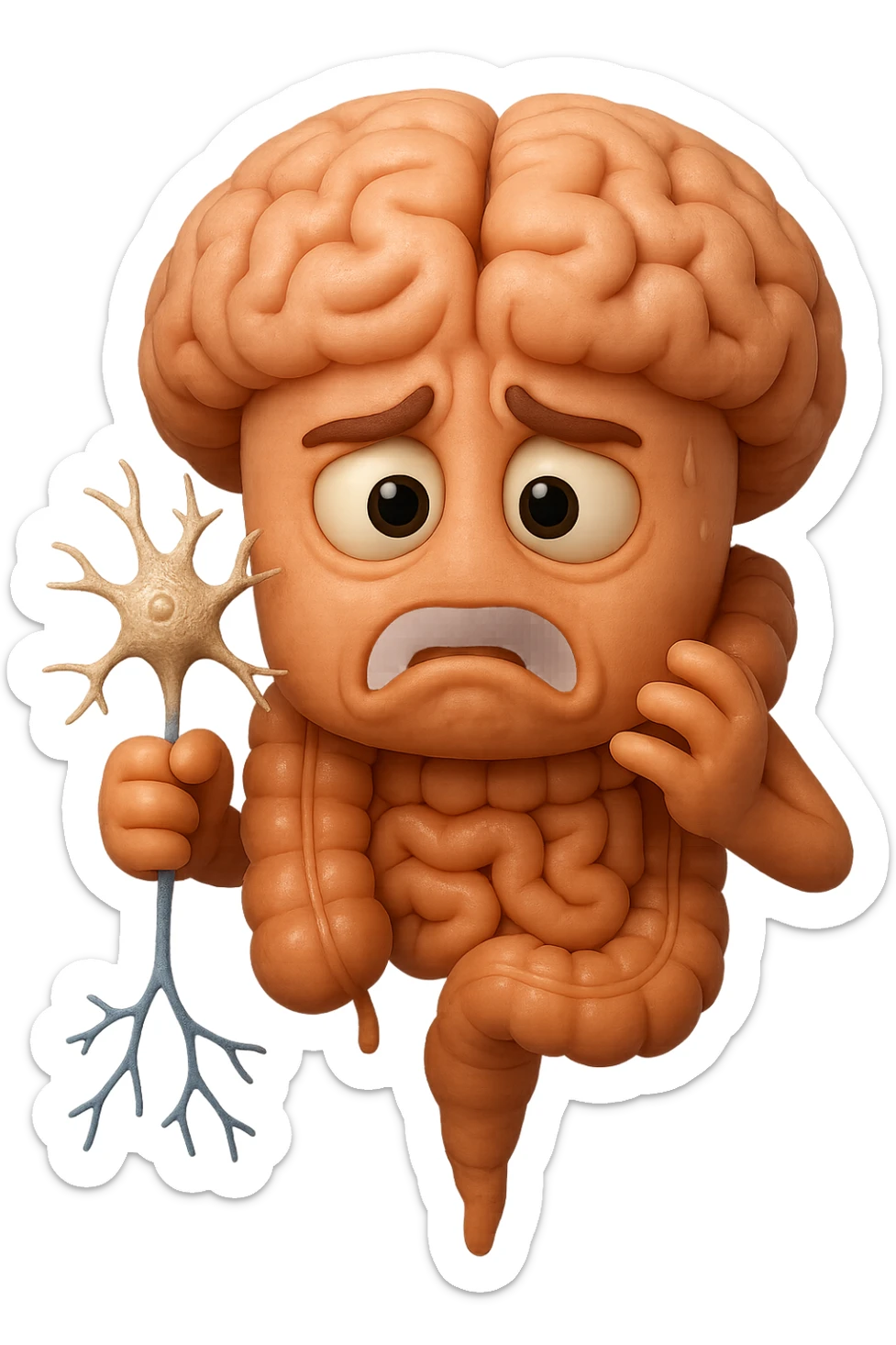 EMOJI STILE IPHONE DI UN INTESTINO collegato verticalmente ad un cervello mentre tiene in mano un neurone, espressione stressata, IPERREALISTICO 4K sticker