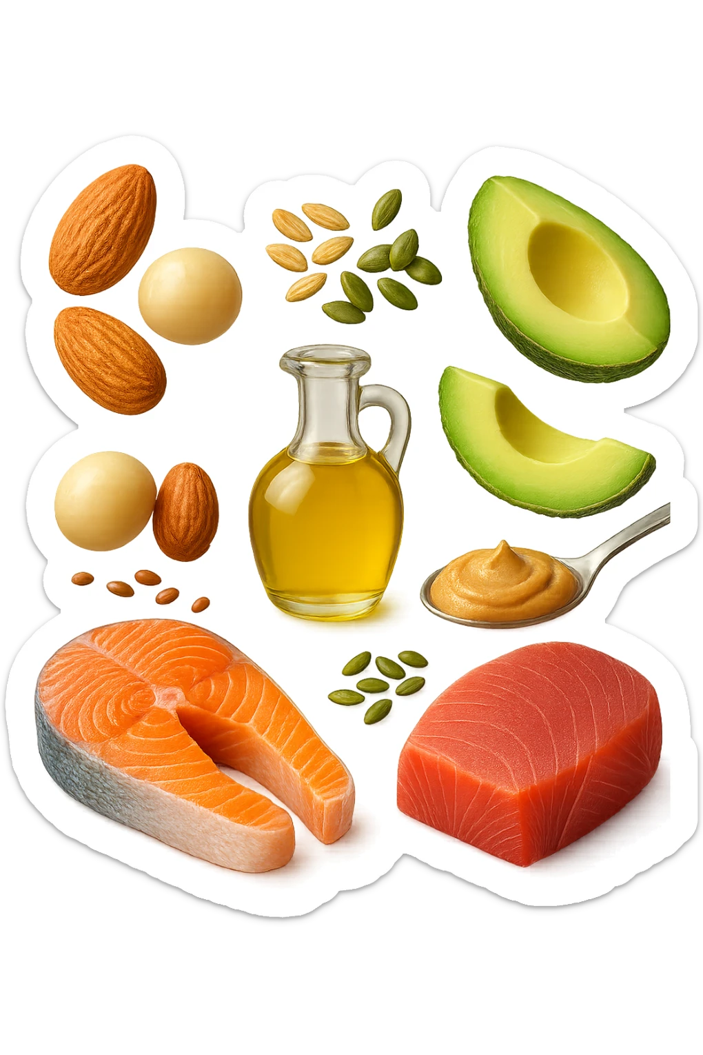 EMOJI STILE IPHONE DI
Frutta secca (mandorle, noci macadamia)
Burro di frutta secca (es. burro di arachidi)
Avocado (in piccole porzioni)
Semi
Olio extravergine d’oliva
Pesce grasso (salmone, tonno)
, fluttuano in aria REALISTICA 4K sticker