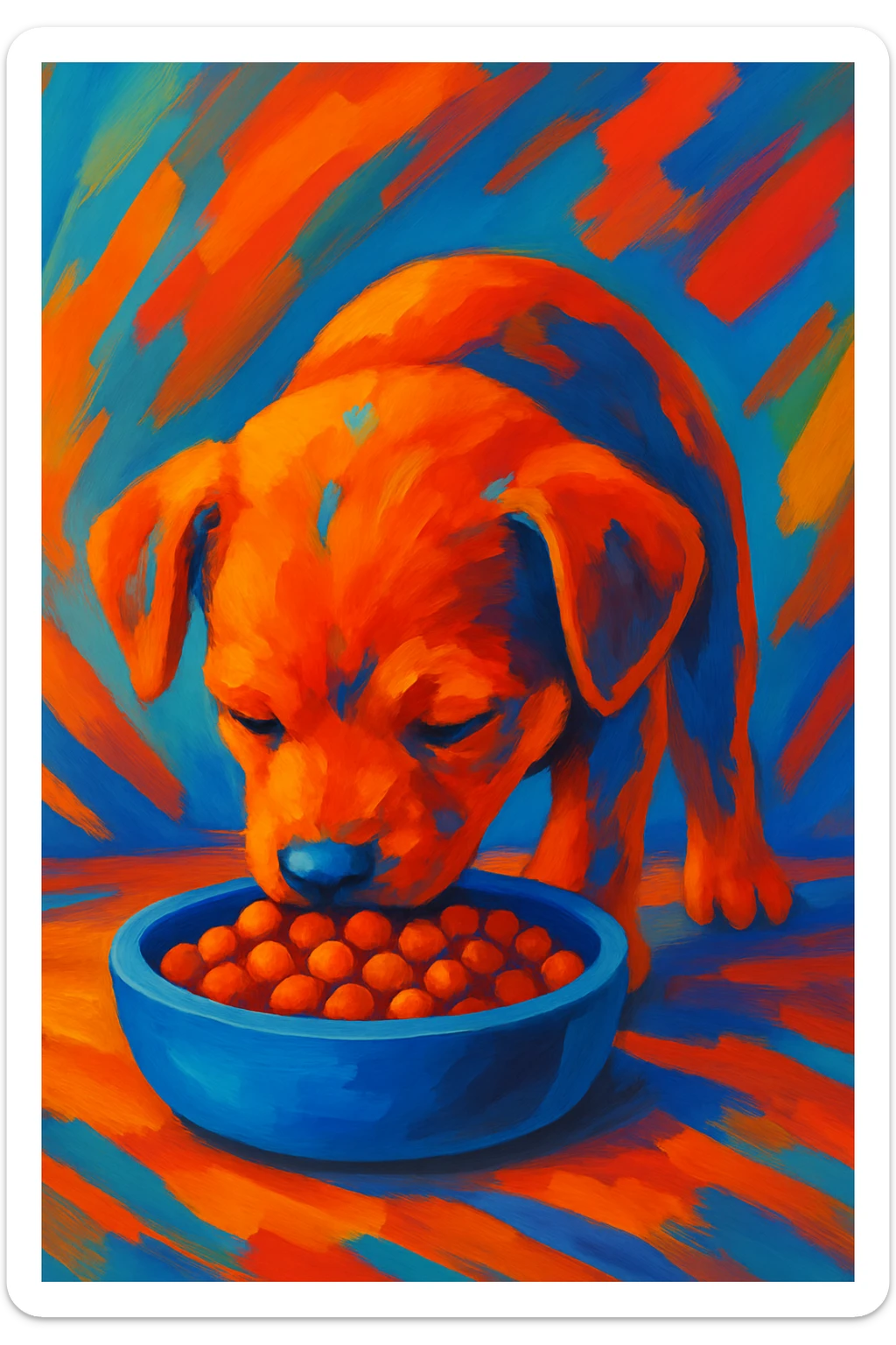 Make the dog a cute puppy eating dog food, keep the same style as the original image. sticker