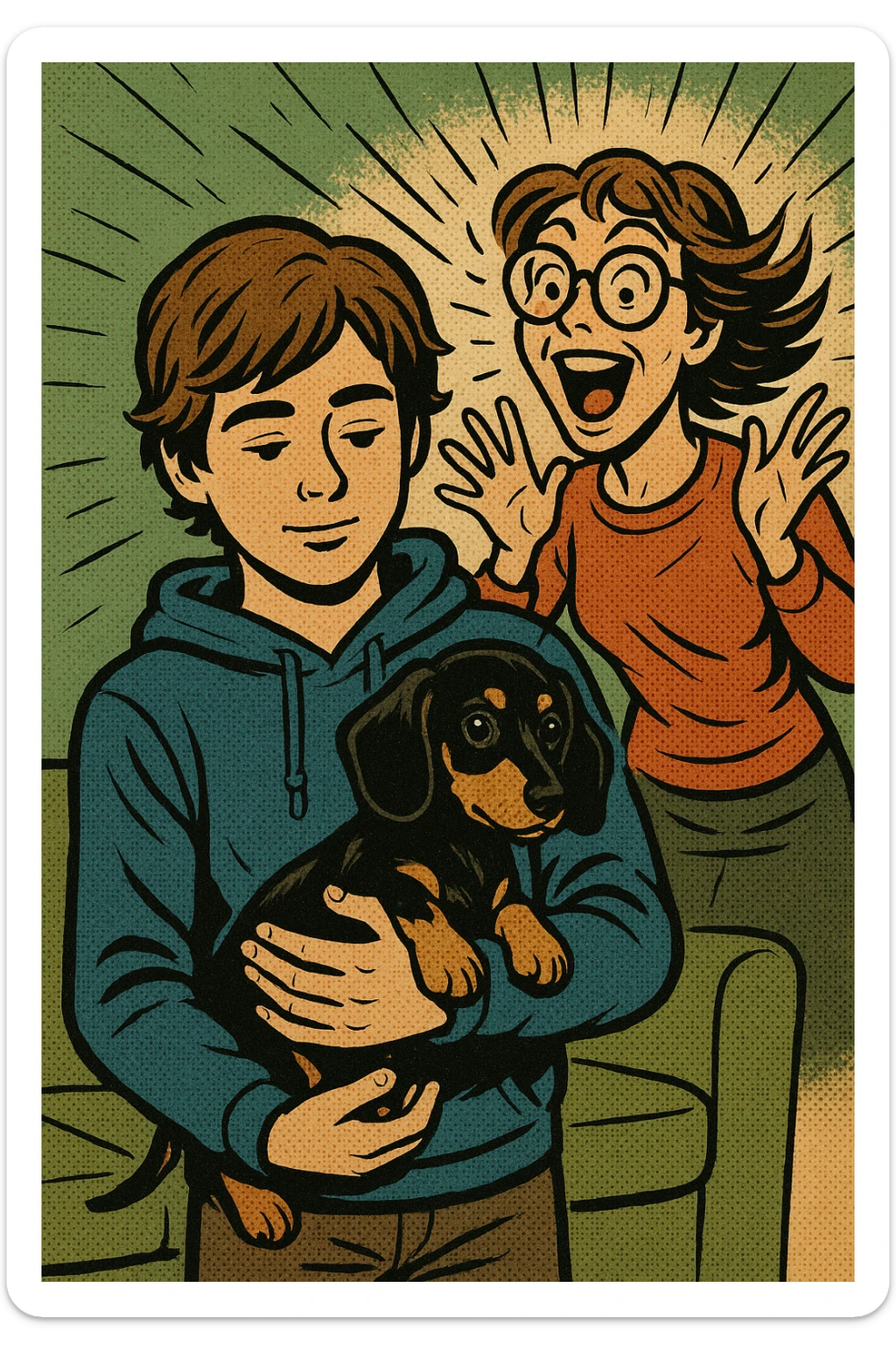A modern day teenager with brown hair wearing a blue hoodie with a black and tan puppy dachshund in a green living room with a happy crazy mum with brown hair wearing big glasses in the background sticker