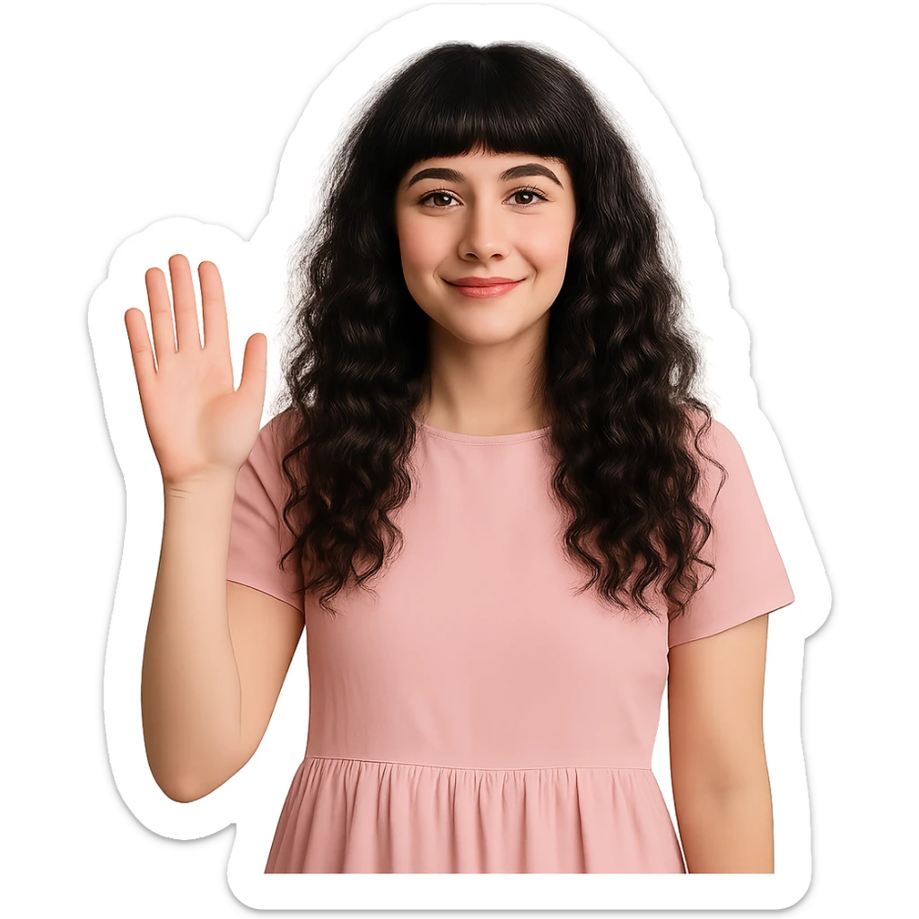 white woman, long black curly hair, bangs, dark brown eyes, pastel pink dress, waving sticker