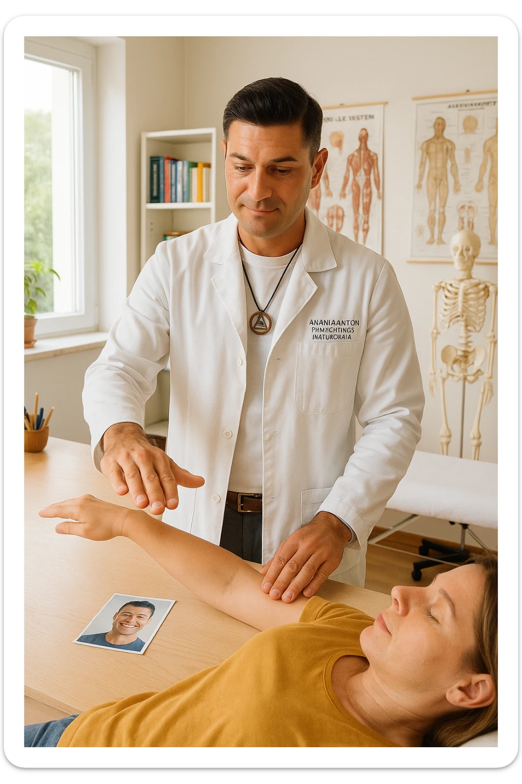 a middle-aged man, dressed in casual professional attire, is in a bright, organized therapy studio. Durante una visita di kinesiologia, il praticante tiene con una mano la foto di una persona lontana (il “testimone”) appoggiata su un tavolo, mentre con l’altra mano esegue un test muscolare su un cliente presente. Sullo sfondo si vedono libri di kinesiologia, poster anatomici e strumenti tipici della disciplina. L’atmosfera è concentrata e serena, con luce naturale che entra dalla finestra, sottolineando l’aspetto alternativo e umano della pratica. sticker