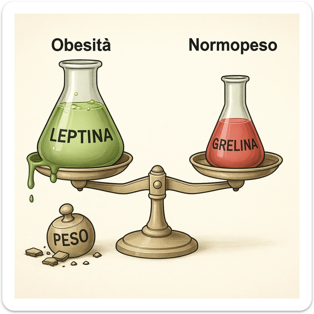 Illustrazione clinica in italiano: bilancia con leptina (verde) e grelina (rossa). Lato obeso: etichetta 'Obesità', leptina che straborda, bilancia ferma, pesi di leptina etichettati 'Peso' rotti sul pavimento. Lato normopeso: etichetta 'Normopeso', bilancia in equilibrio, grelina normale. Tutte le scritte interne sono in italiano. Stile endocrinologico, 4K. Style: endocrinologico, clinical illustration, detailed. sticker