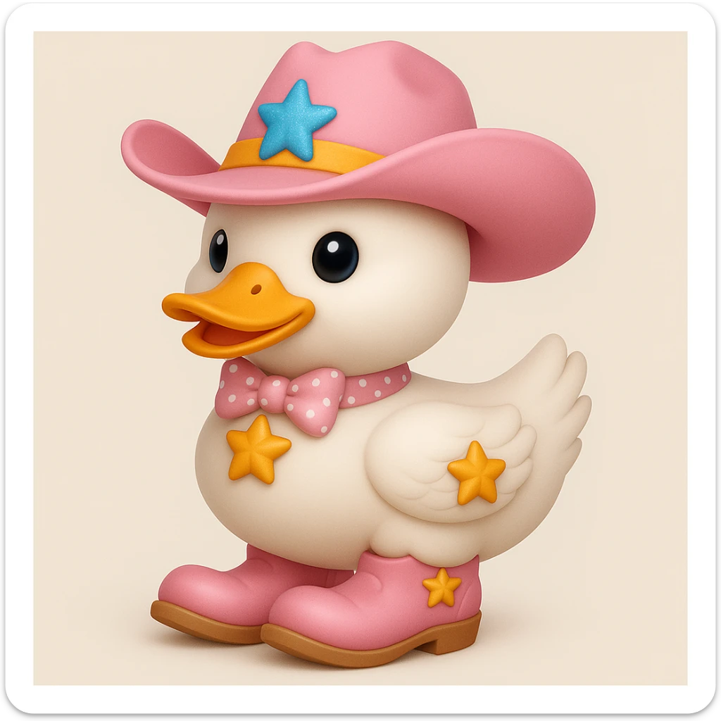A white duck wearing a pink cowboy hat with a pink bow around its neck and pink cowboy boots with yellow stars, in ios 3d style, ios 18 style. sticker