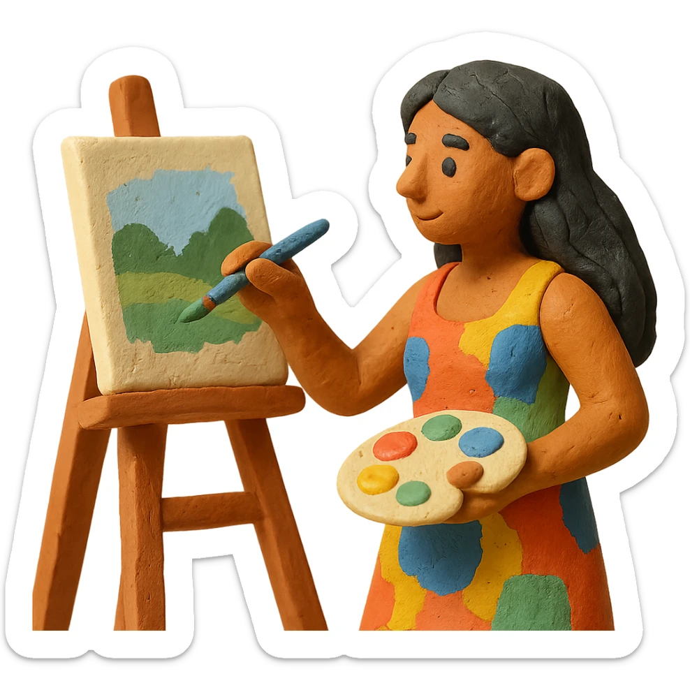 tanned woman artist with long black hair, wearing a colorful dress, painting at an easel, holding a palette and brush, claymation style sticker