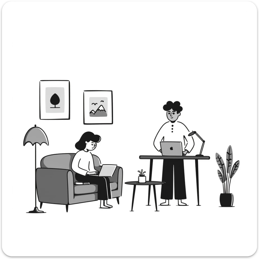 escenary 3d of a cozy mid-century living room with two people working on laptops, one man standing at a desk and one woman sitting on a couch, two walls and floor visible sticker