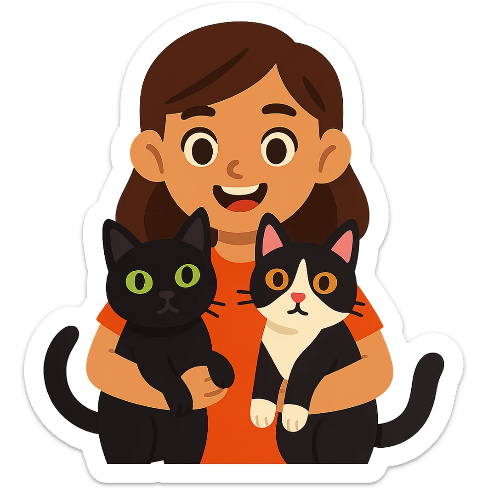 brown haired girl with light tan skin and brown eyes holding a black Bombay cat with green eyes and a black and white Tuxedo cat with hazel eyes sticker