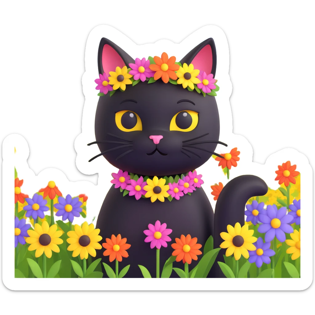 A black cat with a flower on its head in a field of flowers, pastel colors sticker