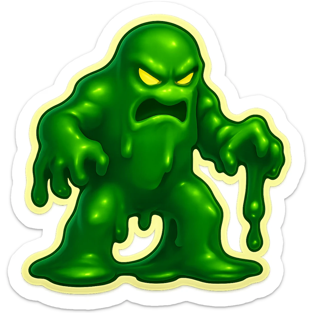 Slime monster. green slime. scary sinister. slime attacks. show full body. more dripping slime. talk humanoid slime creature. sinsiter and scary...green slime. has 2 arms and a vague head sticker