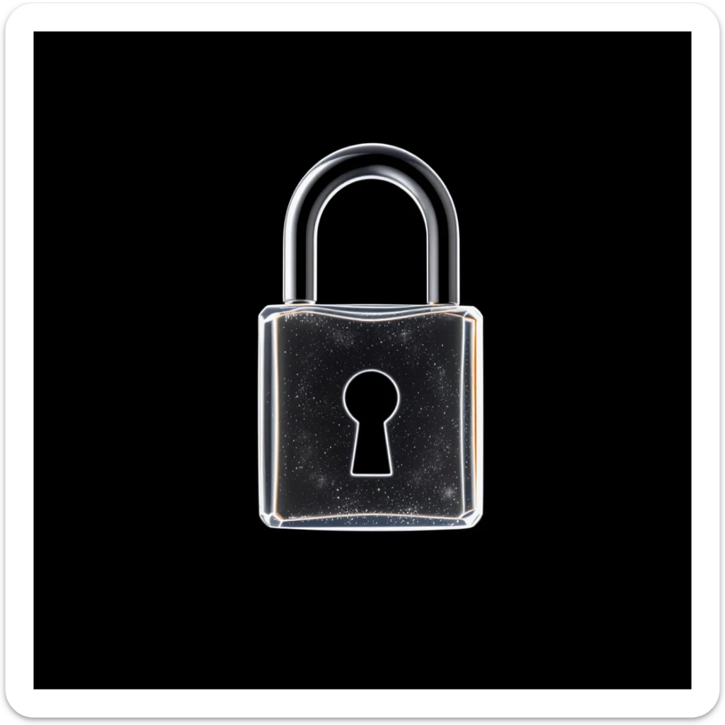 Photo of a 3d made of glass padlock, black void around symmetrical 3d render, rim light sticker
