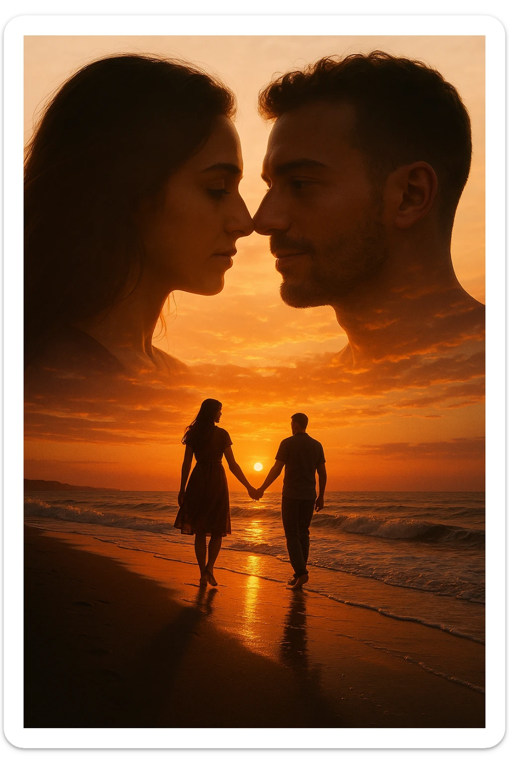 Una doppia esposizione cinematografica di noi di profilo, con un paesaggio di spiaggia al tramonto integrato nella silhouette.
La scena interna ci mostra entrambi camminare sulla sabbia bagnata, tenendoci per mano, con le onde del mare che si infrangono è facile e un cielo colorato dagli ultimi raggi di sole. Atmosfera calda e intima, toni dorati arancioni, dettagli fini ed espressivi, risoluzione 8K. sticker