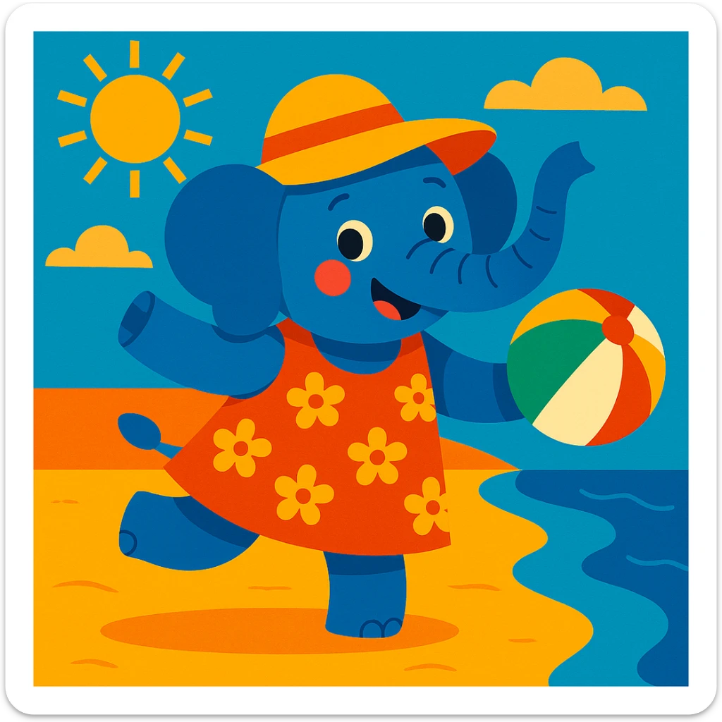 a playful elephant with a beach ball, wearing a floral dress and sun hat sticker