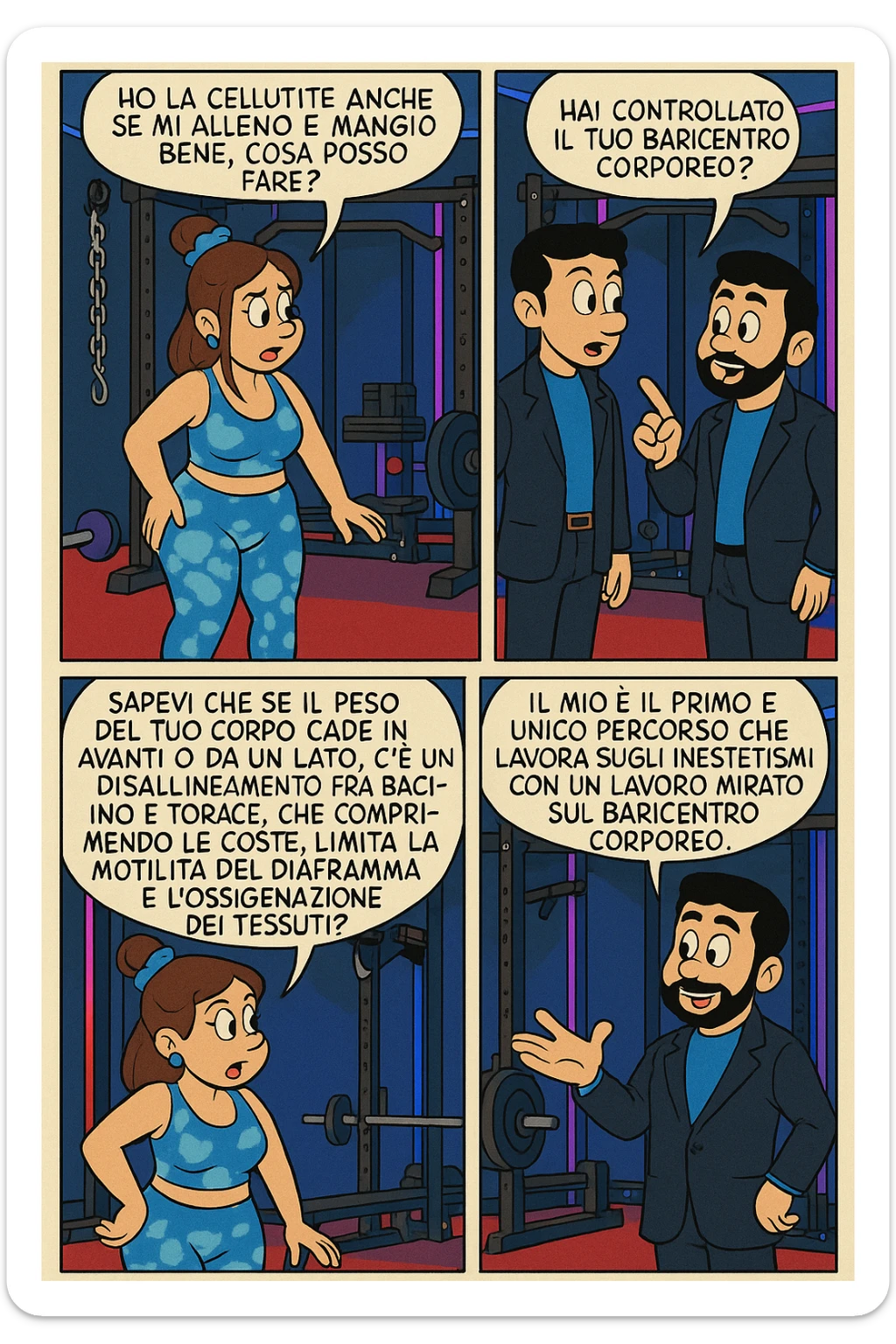 TRASFORMA QUESTO CAROSELLO IN UN FUMETTO STILE FUMETTO TOPOLINO CON QUESTE DUE PERSONE IDENTICHE CHE INTERLOQUISCONO TRA LORO:

LEI: Ho la cellulite anche se mi alleno e mangio bene, cosa posso fare?

LUI: Hai controllato il tuo baricentro corporeo?
LUI: Sapevi che se il peso del tuo corpo cade in avanti o da un lato, c’è un disallineamento fra bacino e torace, che comprimendo le coste, limita la motilità del diaframma e l’ossigenazione dei tessuti?
LUI: Il mio è il primo e unico percorso che lavora sugli inestetismi con un lavoro mirato sul baricentro corporeo. sticker