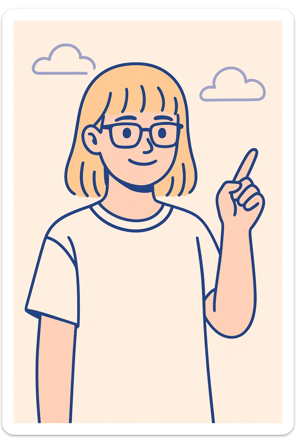 Smiling girl with blonde hair, bangs, and brown eyes, wearing black square glasses and a white oversized T-shirt, pointing her finger up to the right, clean modern illustration style sticker
