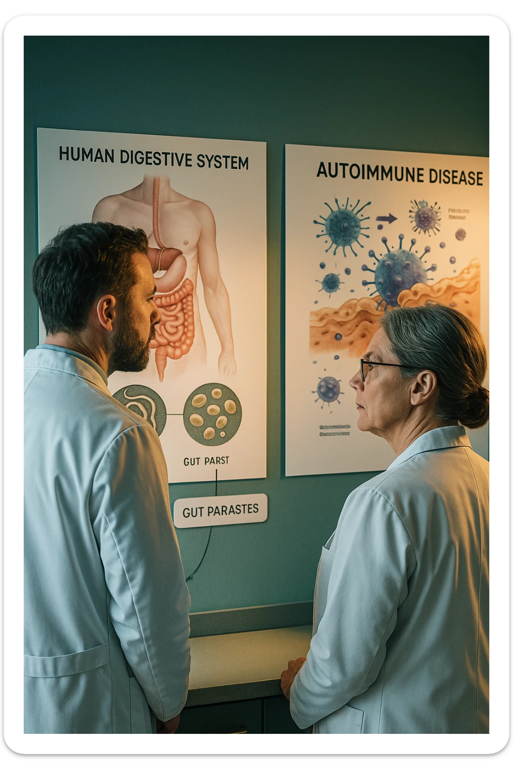 In italiano Realistic, detailed photo taken from behind of two doctors—a bearded man and a middle-aged woman—standing side by side in a modern medical office, intently studying a large, illuminated medical chart on the wall. The chart displays a detailed diagram of the human digestive system, highlighting the intestines and showing microscopic images of intestinal parasites. Next to it, another chart illustrates the immune system attacking healthy tissues, visually connecting gut parasites to autoimmune disease mechanisms. The room is bathed in a single green-blue color, with a warm, yellow-orange light casting soft shadows around the doctors. Both wear white coats and have serious, focused expressions, suggesting a deep discussion about the root causes of autoimmune conditions. Shot with a Canon EOS R5, with high detail, natural depth of field, and a clinical yet dramatic atmosphere. sticker