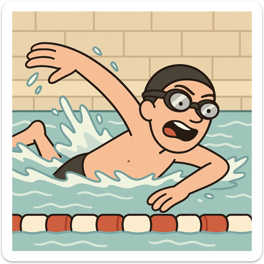 A person swimming freestyle in a pool, energetic and dynamic, cartoon style sticker
