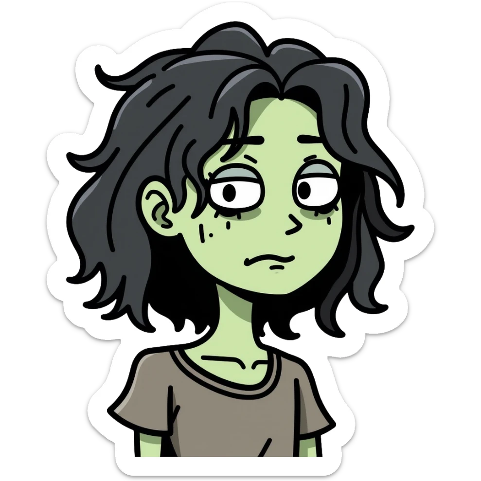 zombie girl with shoulder-length hair in transition, pale green skin, dark circles around eyes, messy hair sticker