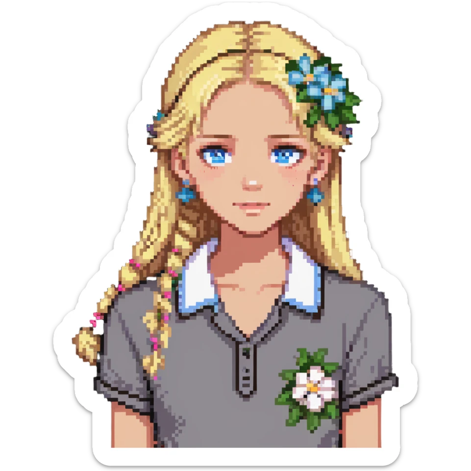 preppy coastal teen girl with blue eyes, beach blonde hair, tan skin, small flowers in her ear, preppy beach outfit sticker