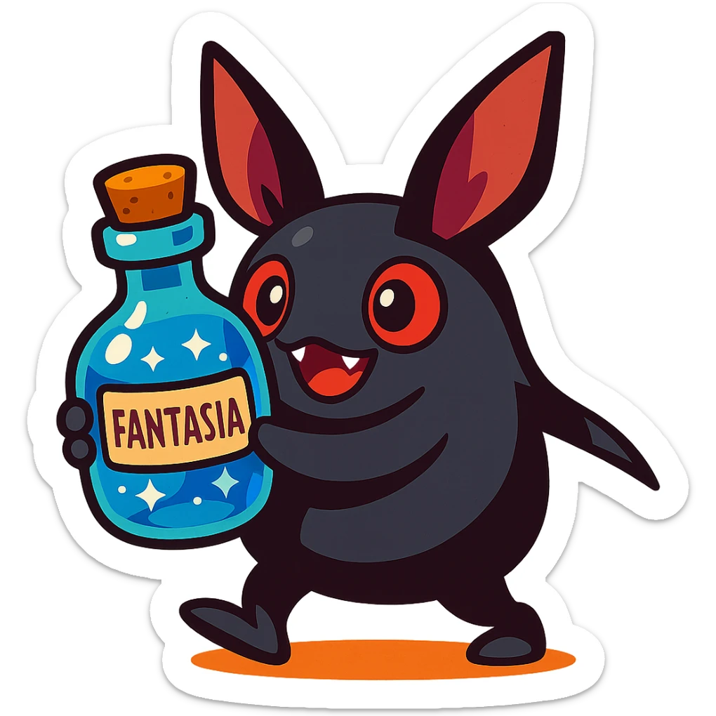Final Fantasy spriggan holding a bottle of Fantasia, colorful and playful vibrant toon style sticker