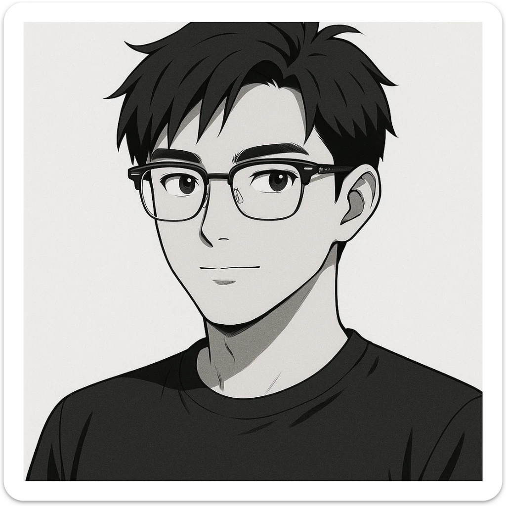 Create a half portrait in black and white anime style of an Asian male age 25, wearing Ray-Ban half frame glasses and a black t-shirt. Maintain the anime aesthetic with clear facial features and the specified accessories. sticker
