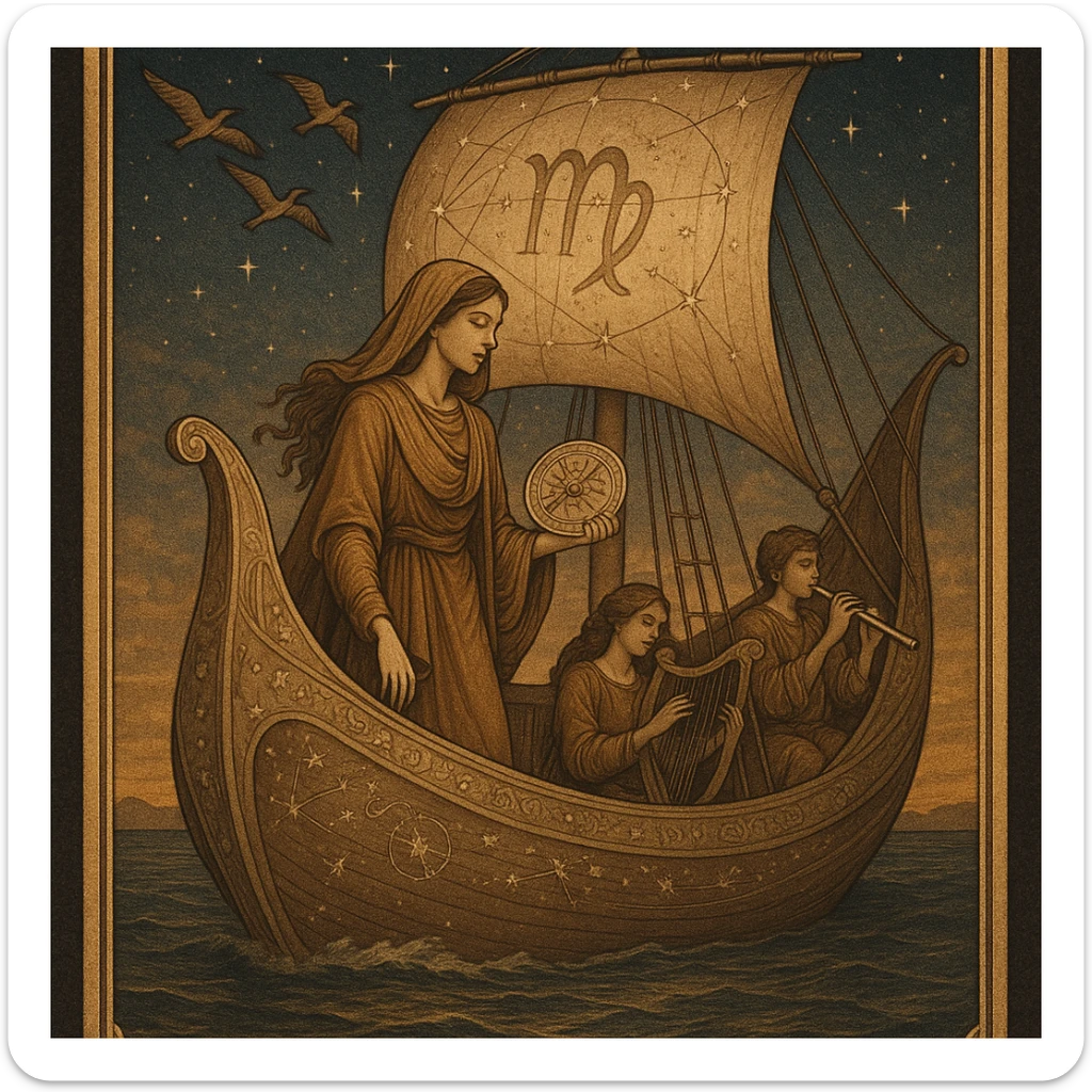 Tarot card titled 'The Voyager – Virgo' featuring a serene Virgo figure traveling on a majestic ship across a starlit sea. The Virgo is graceful, thoughtful, and grounded, wearing flowing earth-toned robes and holding a celestial map or astrolabe. The ship is adorned with intricate carvings of constellations and ancient symbols, gliding under a twilight sky. Birds fly in formation overhead, symbolizing guidance and freedom. Musicians aboard play harps and flutes, creating a harmonious atmosphere. The design blends mysticism, elegance, and earth-aligned energy, with fine detailing, warm golden tones, and subtle Virgo glyphs woven into the sail or stars. The mood is introspective, purposeful, and celestial. sticker