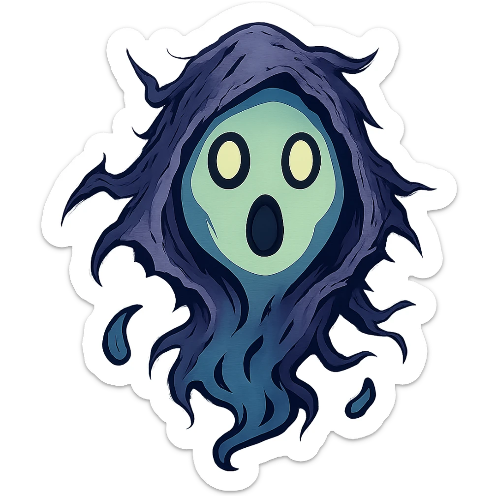 Refine the torn and ruffled hood details, making the edges more jagged and intricate, with extra emphasis on the tattered, ethereal look. Keep the surprised expression and the interplay of light and shadow forming the face, with no background. sticker