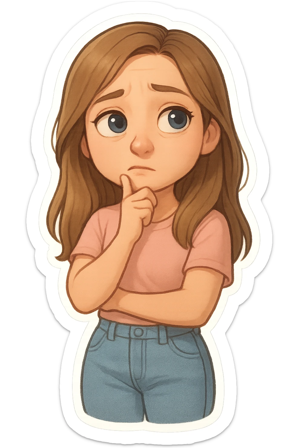3D cartoon sticker of a 30-year-old woman with long light brown hair below shoulder blades, fair skin, large expressive blue eyes, slight bump on nose, wearing a pastel pink t-shirt and light blue mom jeans, thoughtful expression, DreamWorks style, soft light, white sticker outline sticker