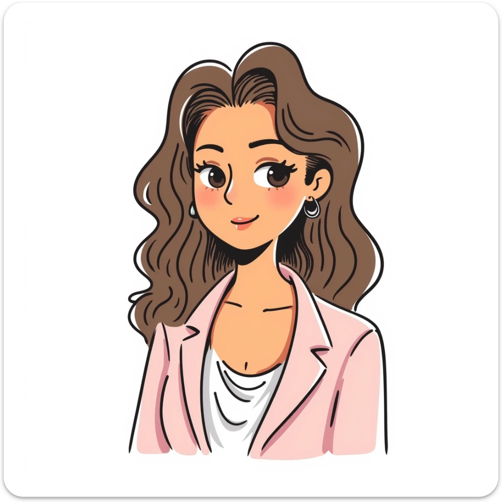 A 30-year-old woman with tanned skin, light brown long wavy hair with curled ends, delicate face, almond-shaped eyes with smoky foxy eye makeup, brown eyes, wearing a light pink elegant blazer and white satin cowl neck blouse with thin straps sticker