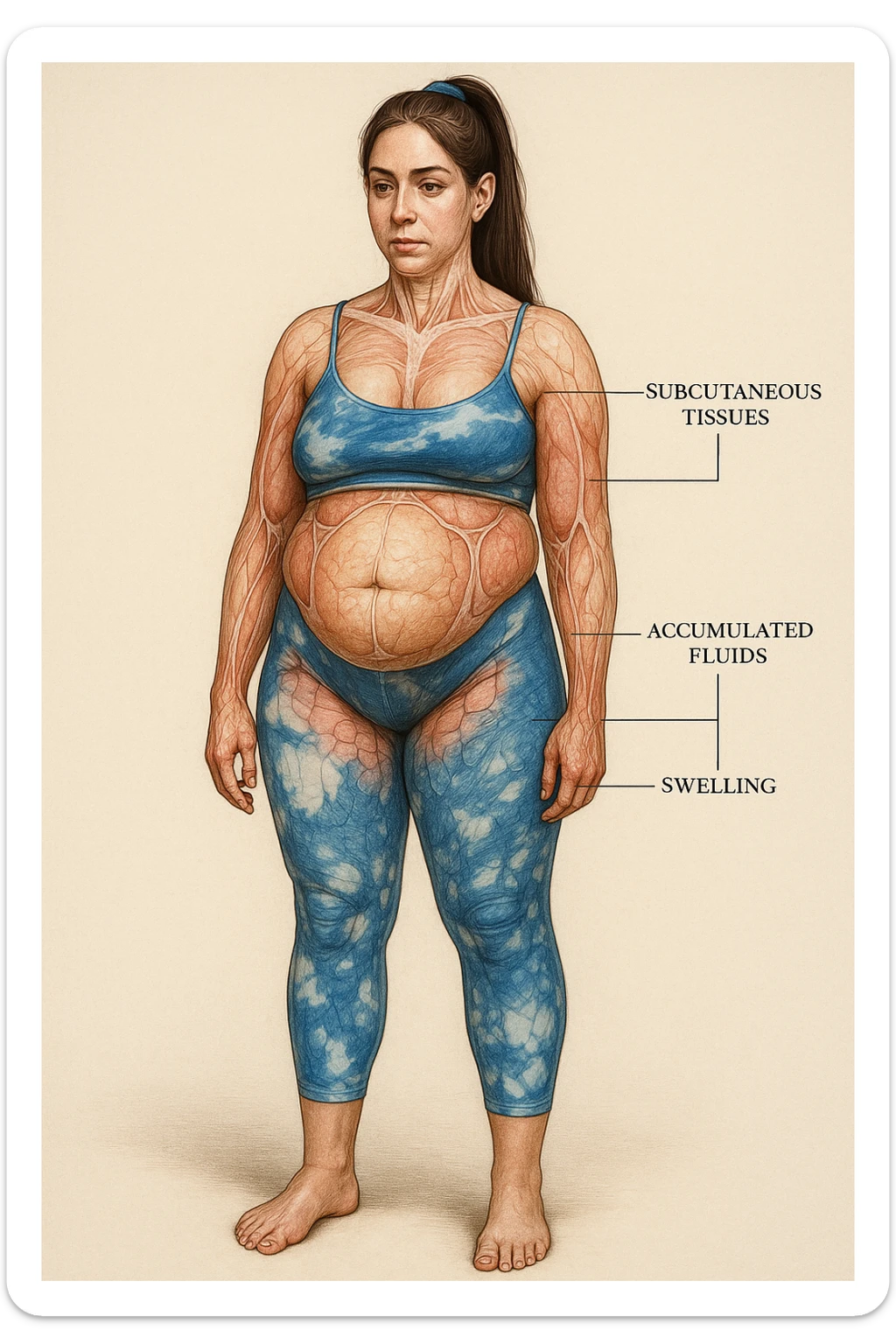 Realistic anatomical illustration of a woman in sportswear inspired by the reference photo, showing water retention and swelling in the abdomen and hips. Highlight subcutaneous tissues and fluids in an anatomical style with a neutral background. sticker