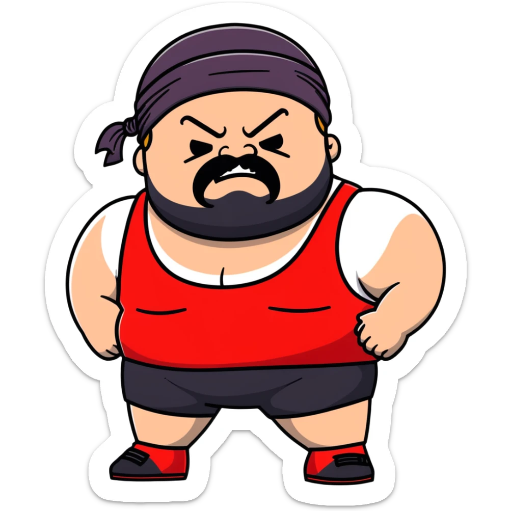 Close-up of morbidly obese white skin guy with young face, prominent BLACK DURAG tied clearly on head, distinct black beard and mustache, no muscle, black eyes in a red and black wrestling singlet with angry face sticker
