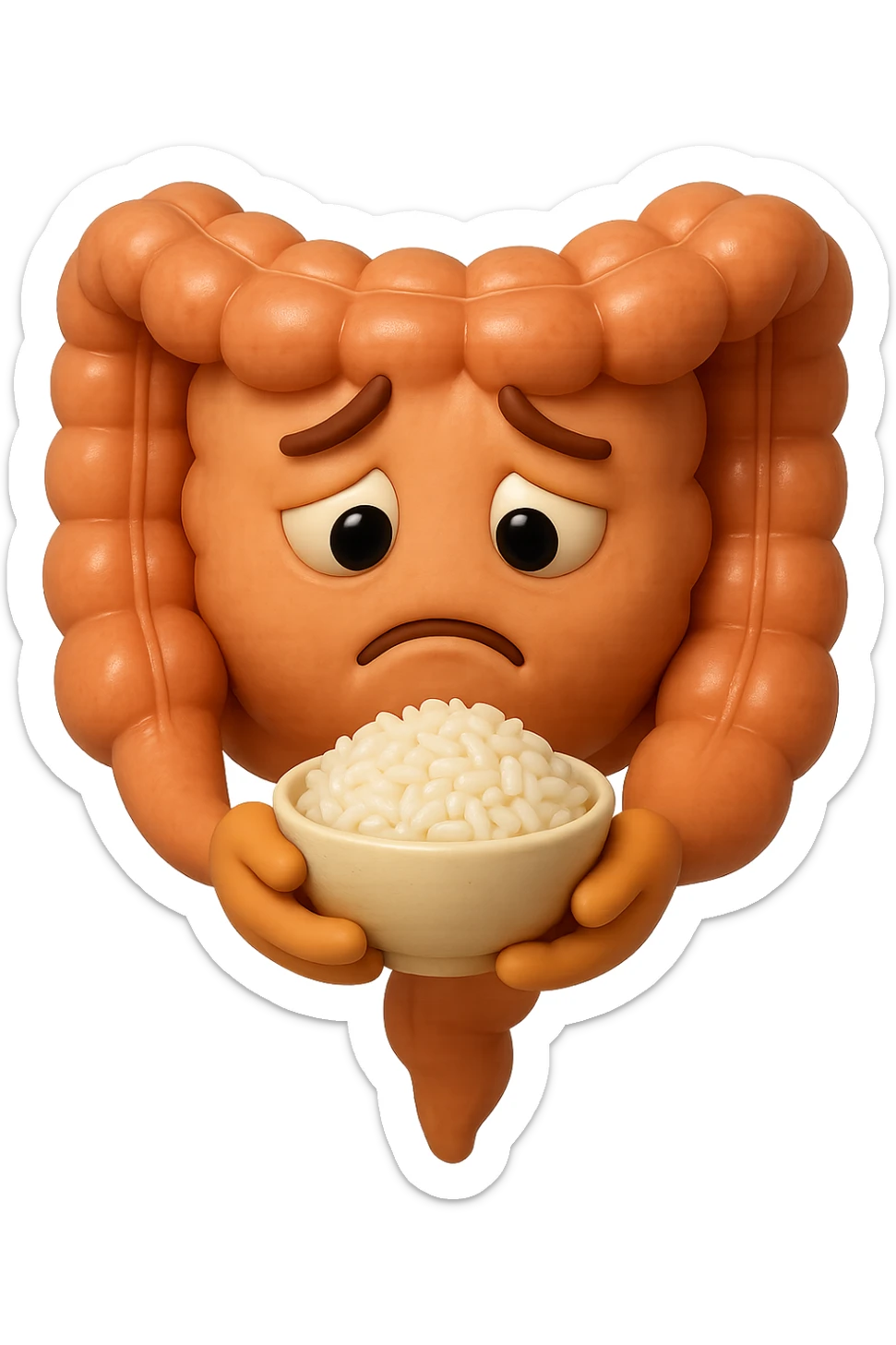emoji stile iphone 3d di un intestino che guarda una bowl di riso che ha in mano con espressione triste, iperealistico 4k sticker