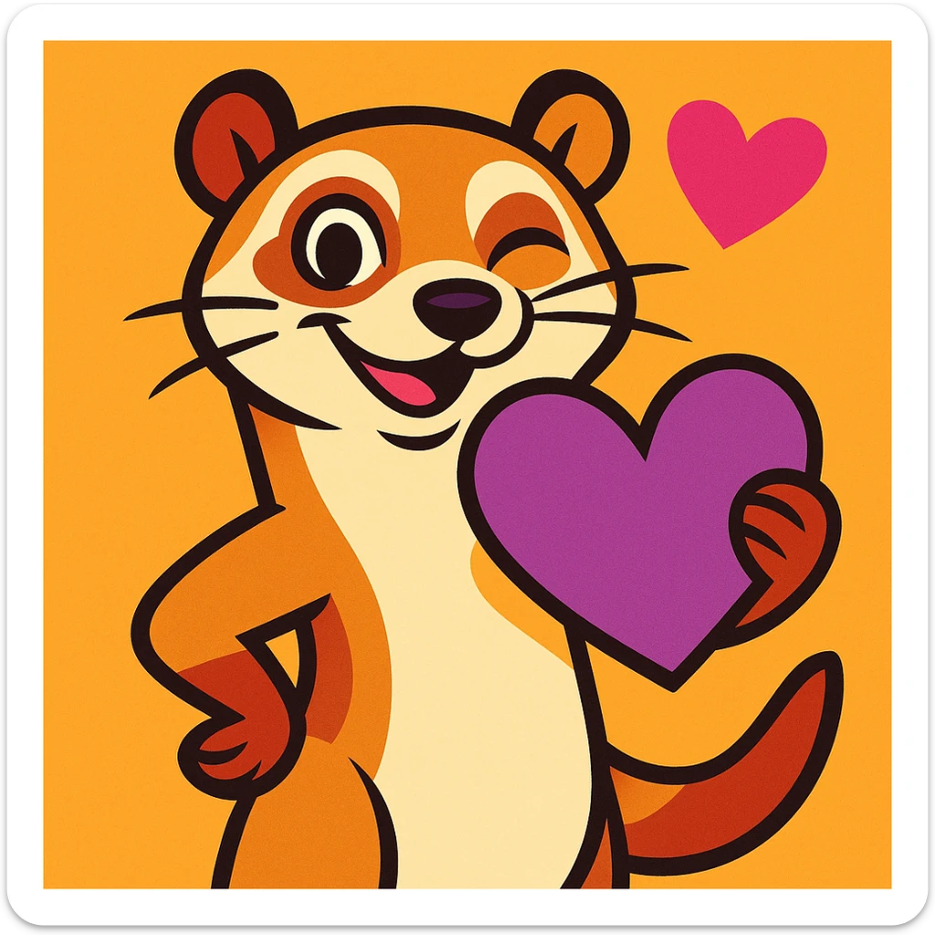 flirtatious ferret with a purple heart, vibrant toon style, winking and smiling sticker