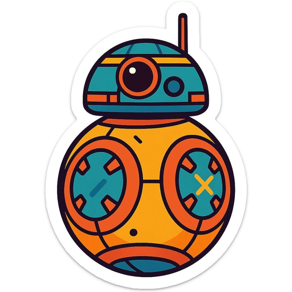 cute cartoon droid inspired by Star Wars, round body, antenna, vibrant toon style sticker
