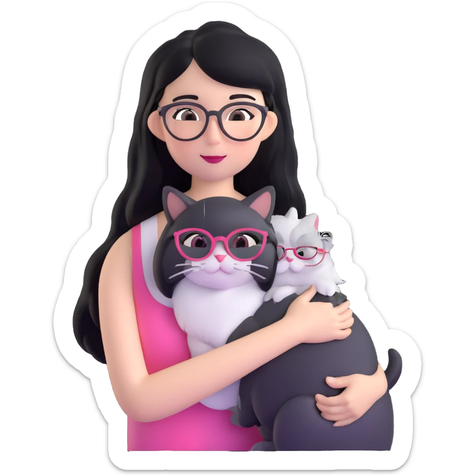 Skinny woman with oval glasses, long straight black hair, pink cheek blush, wearing white sleeveless top, hugging a grey Persian-Angora cat, plain background sticker