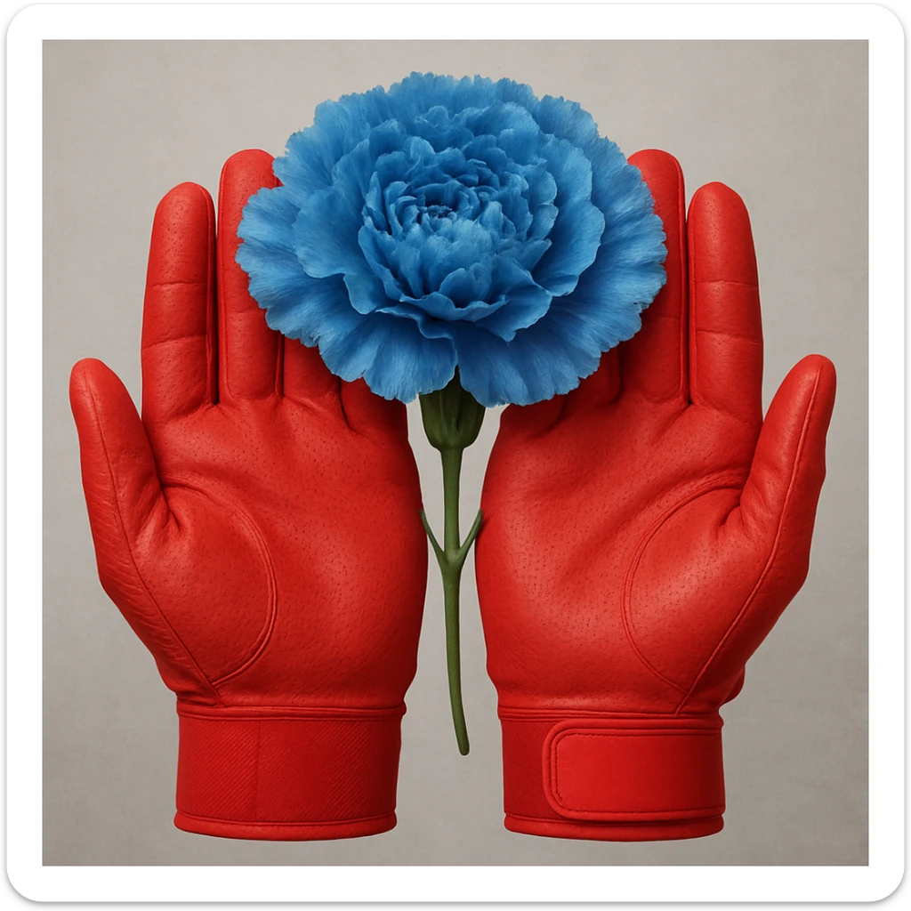 A pair of red batting gloves held together, palms facing out, arranged to form the shape of a blue carnation flower. sticker
