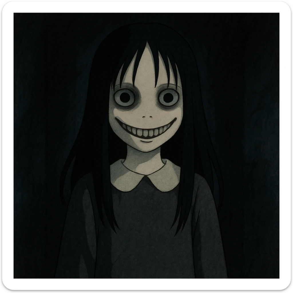 creepy girl, pale skin, long black hair, eerie smile, shadowy background sticker