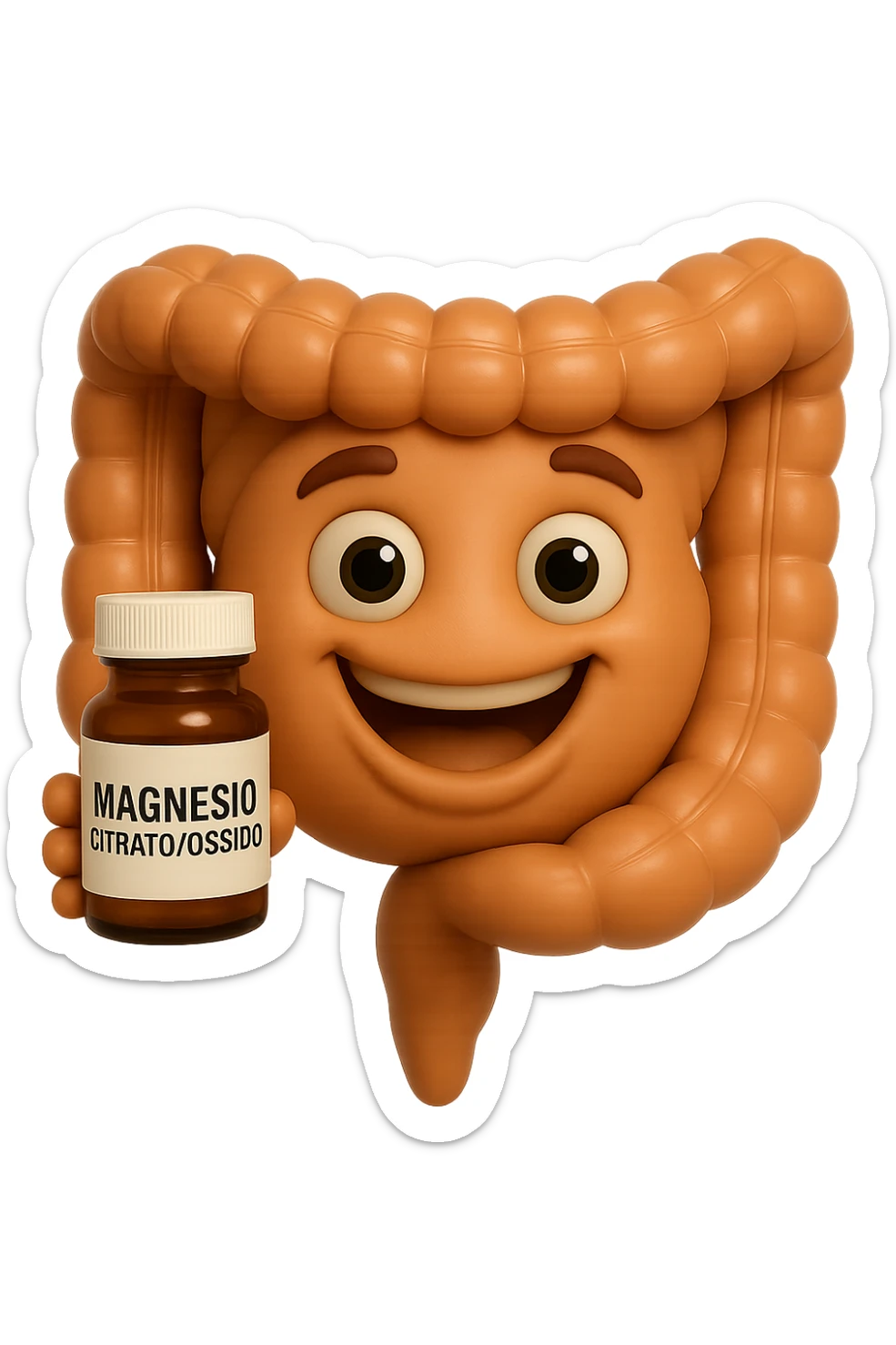 emoji stile iphone 3d di intestino umano felice che tiene in mano una boccetta di magnesio con la scritta "MAGNESIO CITRATO/OSSIDO" SULL'ETICHETTA , iperrealistico 4k sticker