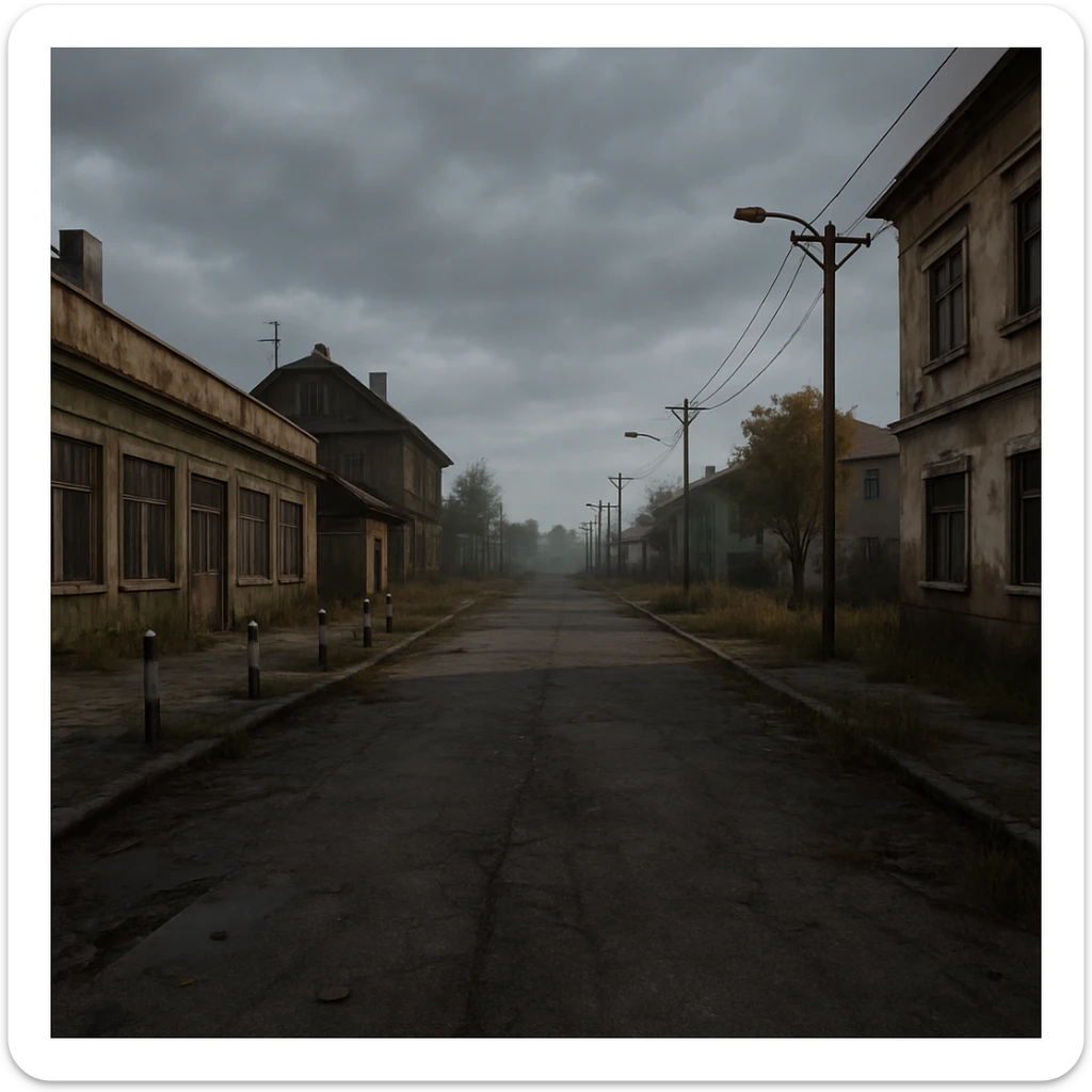 a view of the city street in a videogame: DayZ - in the town of berezino [no text contained in the image] sticker
