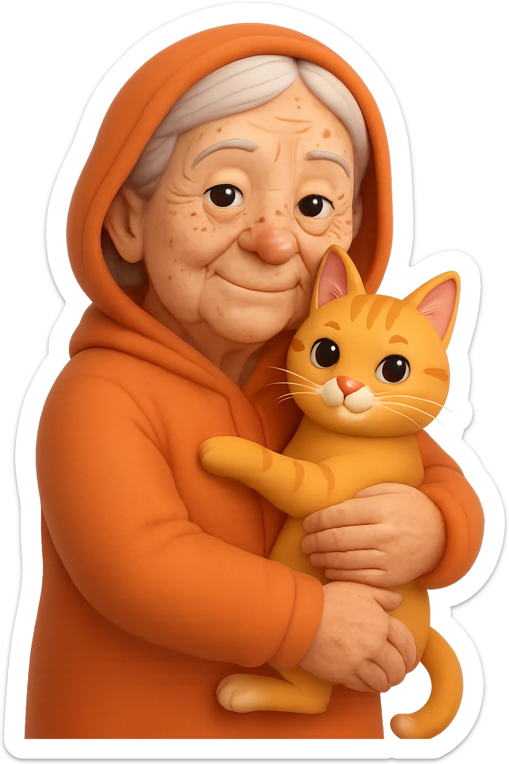 Make the grandmother look older with more wrinkles, gray hair, and age spots in a 3D emoji style. She is holding one cat. The background should be transparent with no background. sticker