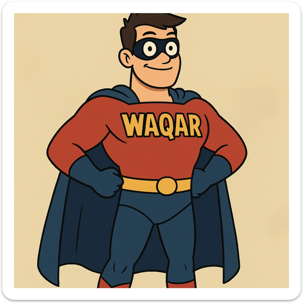 superhero with 'Waqar' written on the chest, modern cartoon style, vibrant colors sticker