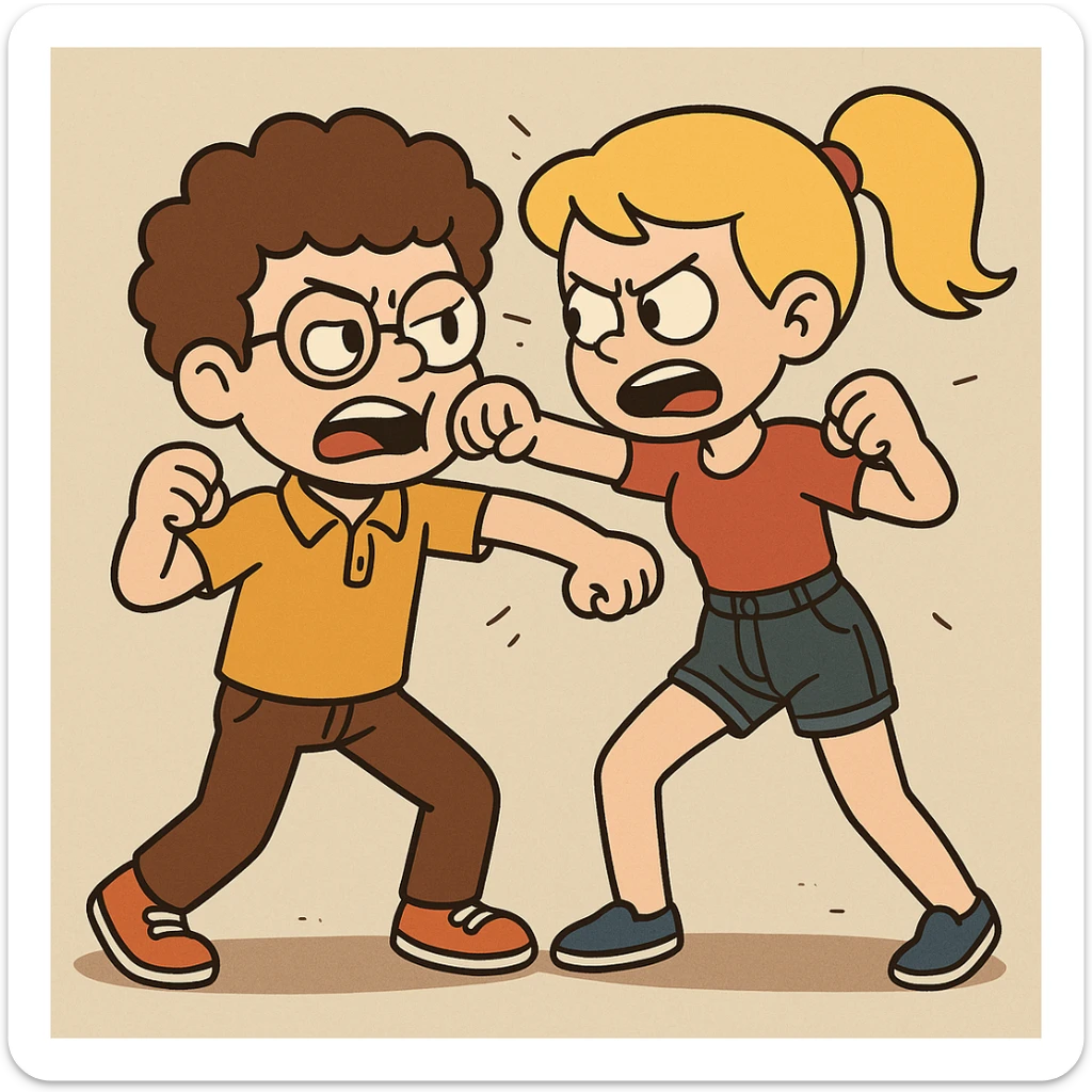 Fighting a boy brown Curly hair circle glasses Royal Pro polo brown jeans orange shoes and a girl Yellow ponytail hair red shirt high waisted dark blue denim shorts blue shoes sticker