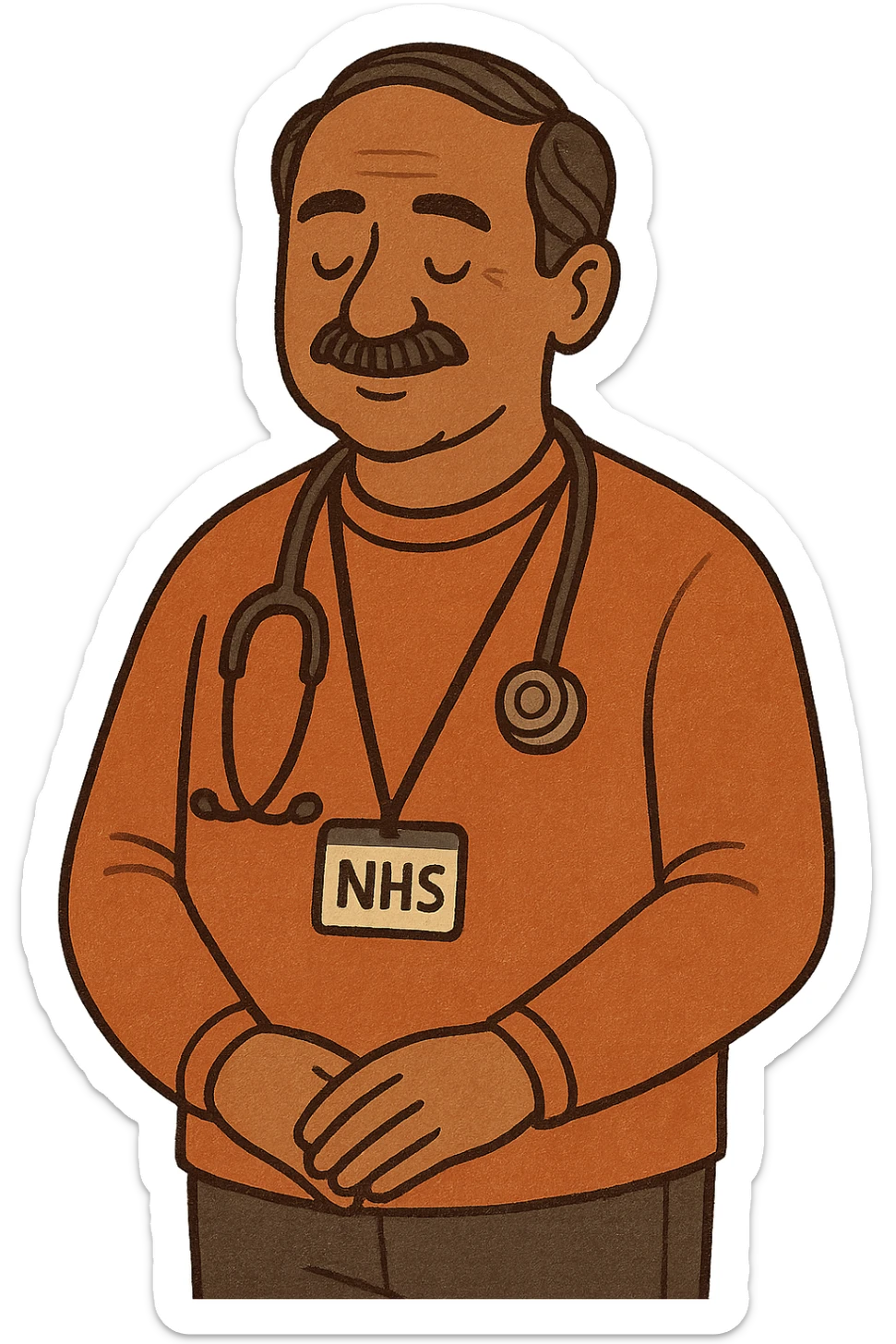 A caring middle aged indian male doctor with a stethoscope with a lanyard badge which reads 'NHS' He is standing sticker