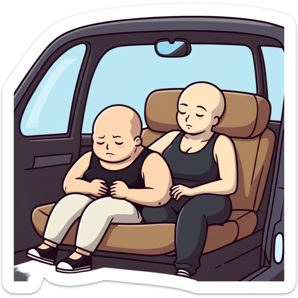  One Caucasia woman with brown hair and big boobs,  a black tank top and pants with her head on a bald man's lap in car sticker