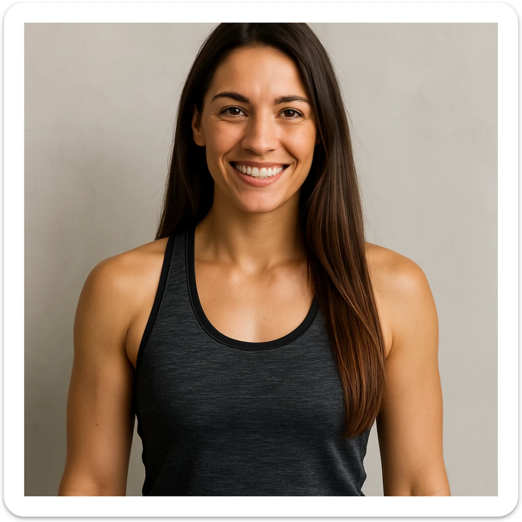 sportliche Frau mit langen braunen Haaren, lächelt, neutraler Hintergrund, Oberkörper, moderne Kleidung sticker